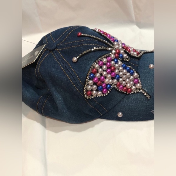 Denim red white pink pearl embellished rhinestone crystal butterfly baseball cap - Picture 5 of 14